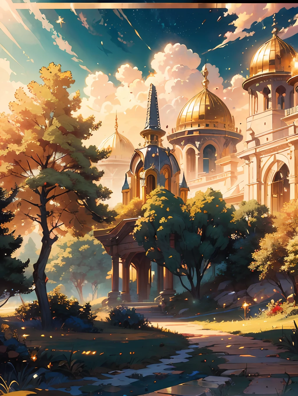 Behold the ((majestic Golden Path of Victory:1.5)), a celestial journey that transcends mortal realms. Bathed in the warm embrace of the golden hour lighting, the landscape radiates with ethereal light, illuminating a path of gilded splendor. The path itself, inspired by the gates of heaven, shimmers with intricate details, adorned with celestial symbols and ornate patterns that speak of triumph and divine inspiration.

As you traverse this fantastical landscape, you witness the grandeur of towering mountains that reach toward the heavens, their peaks kissed by golden sunlight. Soft, billowing clouds painted in hues of gold and amber float gracefully above, as if lifted by heavenly currents. The surrounding flora, drenched in the magical light, boasts vibrant hues of gold and lush greens, further enhancing the sense of otherworldly enchantment.

The camera angle captures the sprawling vista from a wide perspective, showcasing the sweeping majesty of the Golden Path of Victory. The golden hour lighting infuses the scene with a warm, celestial glow, casting long, majestic shadows that dance upon the path. The intricate details of the ornate symbols and patterns are meticulously rendered, allowing each element to come alive and tell its story.

In this fantasy landscape, [there are no anime characters or specific figures], but rather a ((sense of wonder and awe inspired by the heavenly theme)). The Golden Path of Victory beckons all who dare to tread upon it, offering a glimpse of divine triumph and the promise of celestial glory