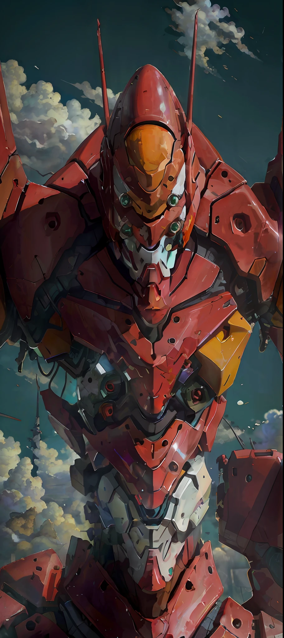 eva 02, evagod, evangelion mecha, science fiction, looking at viewer, (official art, Best quality, masterpiece:1.2), illustration, high res, beautiful abstract background, Futurism, cyberpunk, intense angle, close-up, .