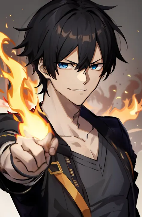 anime character with black hair and blue eyes pointing at camera, (fire), avatar image, fire!! full body, badass anime 8 k, insp...