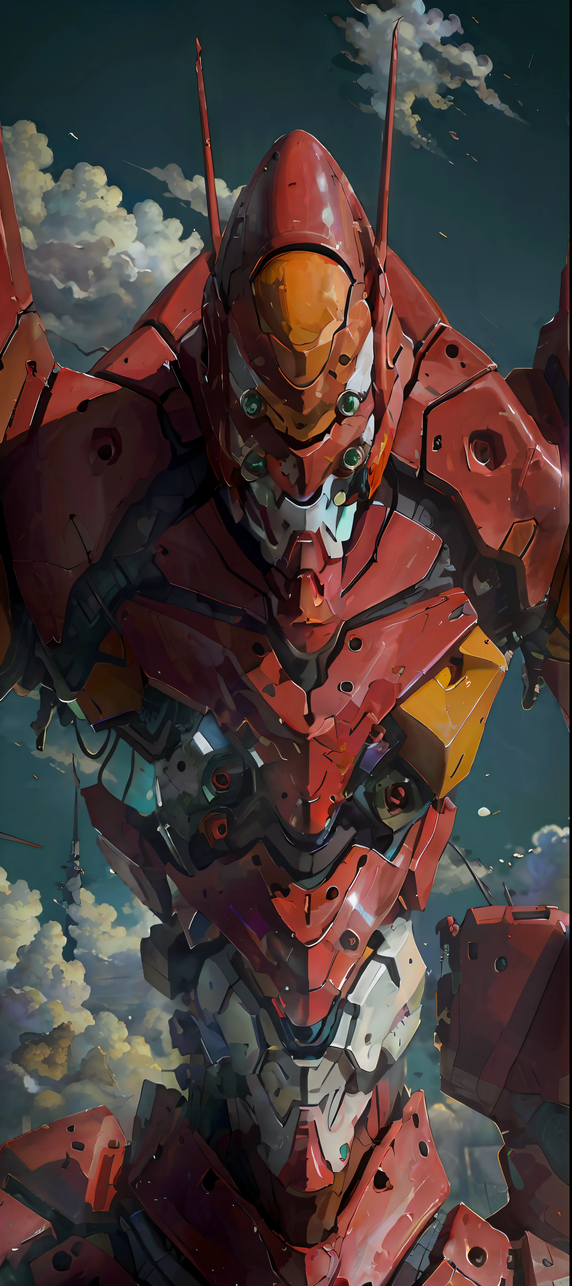 eva 02, evagod, evangelion mecha, science fiction, looking at viewer, (official art, Best quality, masterpiece:1.2), illustration, high res, beautiful abstract background, Futurism, cyberpunk, intense angle, close-up, .