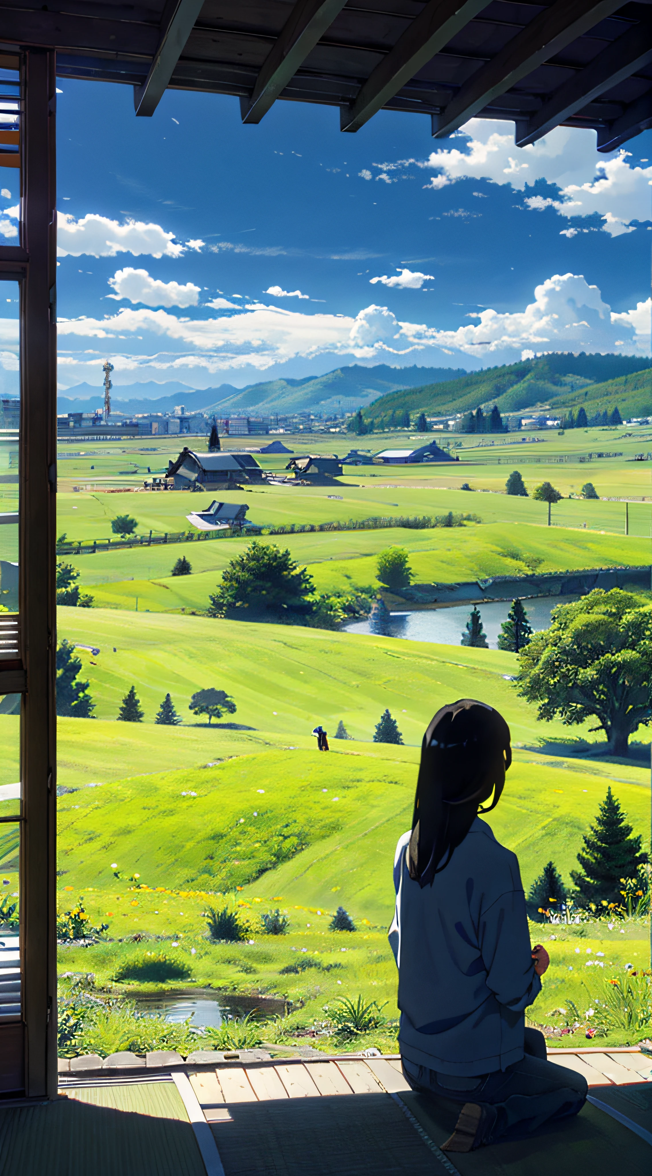 広大で雄大なスカイライン、大きな空が写真の3分の2を占めている、普段着の男の子と女の子が草原に並んで座っている、遠くに日本の廃墟都市が見える
