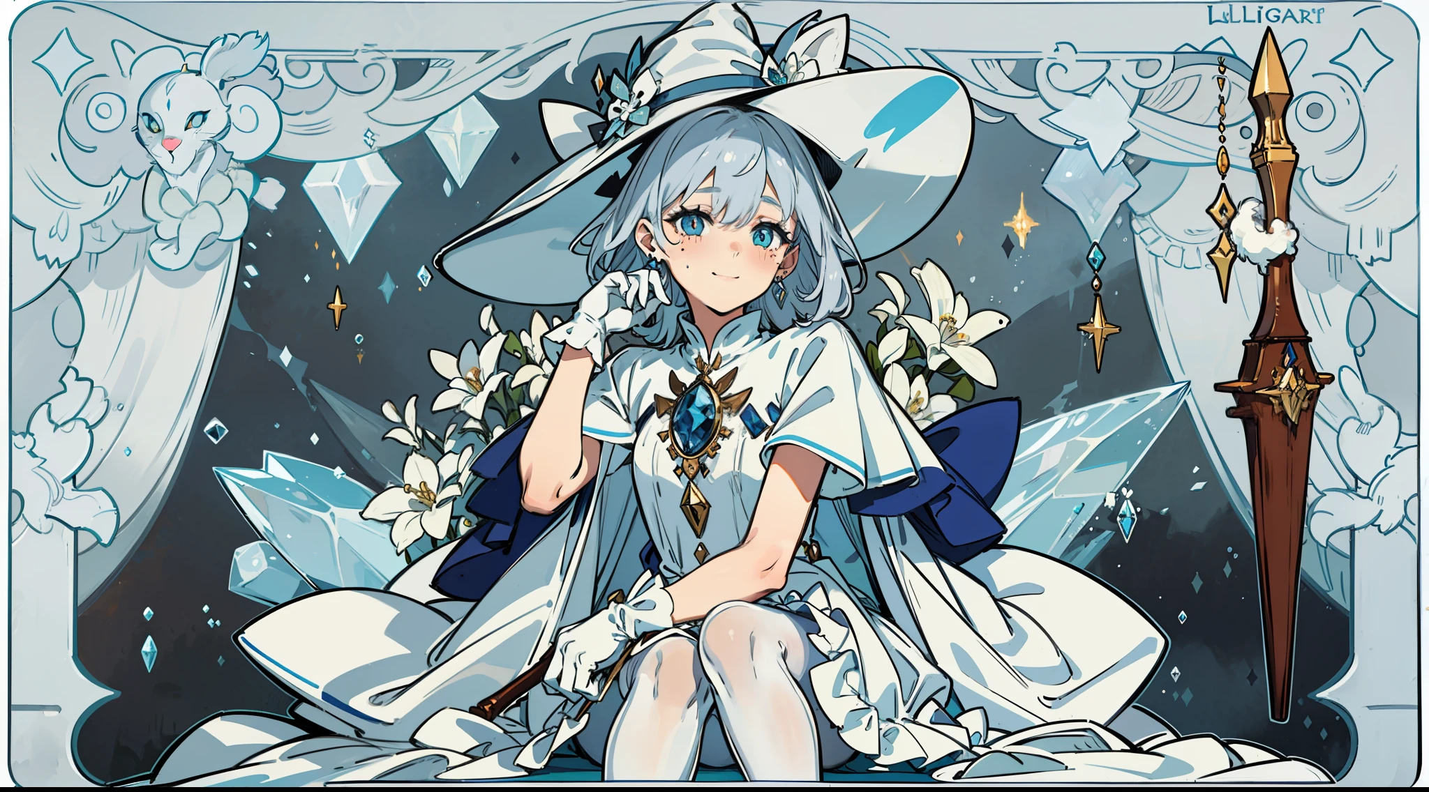 (sitting in a luxurious mahogany chair) (Silver hair) (ice-white eye pupil) (small loli) (white cat's ear on the head) (ice flower in the eye pupil) (tear-mole) (long wand in both hands) (Witch hat) (blue-and-white witch hat) (blue-and-white long dress) (White pantyhose) (No shoes) (White gloves) finger detail depiction (ice jewel earrings) (tear-mole) (Shy smile) (Blushing),White pantyhose