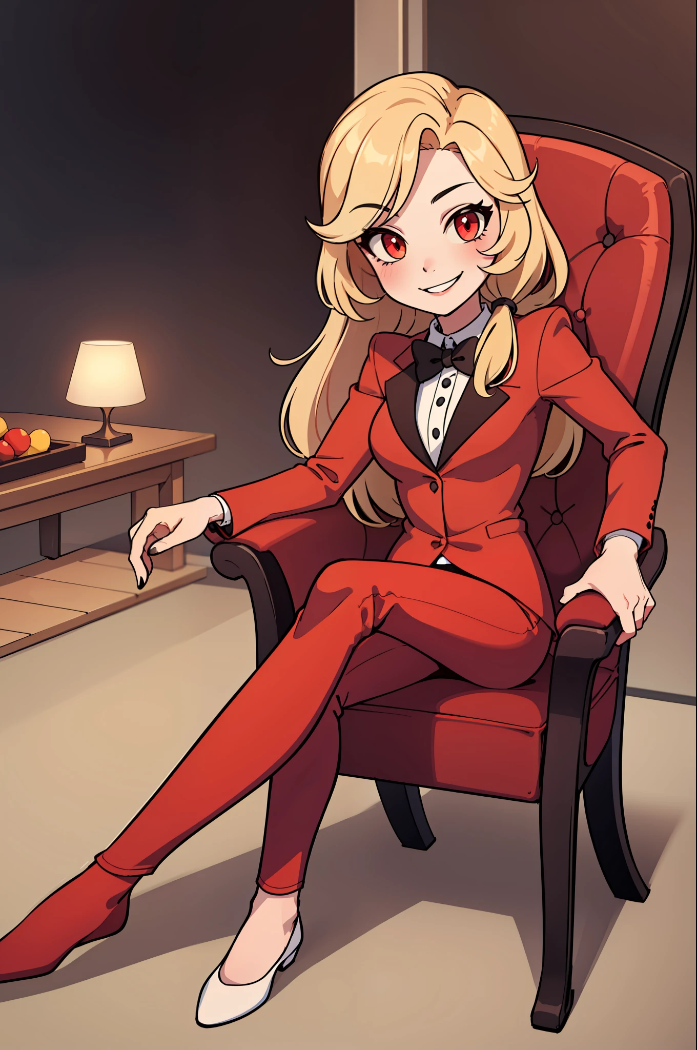 (masterpiece, best quality:1.2), solo, 1girl, charlie morningstar, smile, looking at viewer, sitting in an armrest chair, long hair, red suit, red pants, hotel