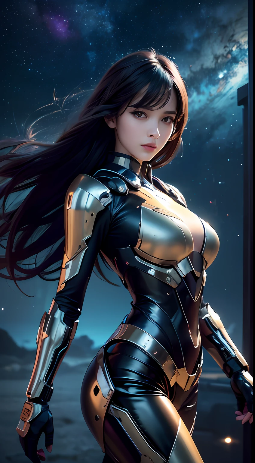Pixiv artwork，Handsome woman，Goose egg face，largeeyes，long eyelasher，With bangs，Cool handsome，Domineering，Exquisite（live-action realistic style），Ultimate face，Photorealistic light and shadow，Star-like eyes，She wears long loose black hair and reaches her waist，（hair flowing），(Black starry sky background)，Upper body background，nedium breasts，Swan neck，Look back，big breasts beautiful，Extremely high quality，Cinematic graphics，High quality CG，8K resolution，Mecha，jump，（Super detail），Dark planet background，space，safe，Dramatic scenes，The armor is printed with the Chinese flag