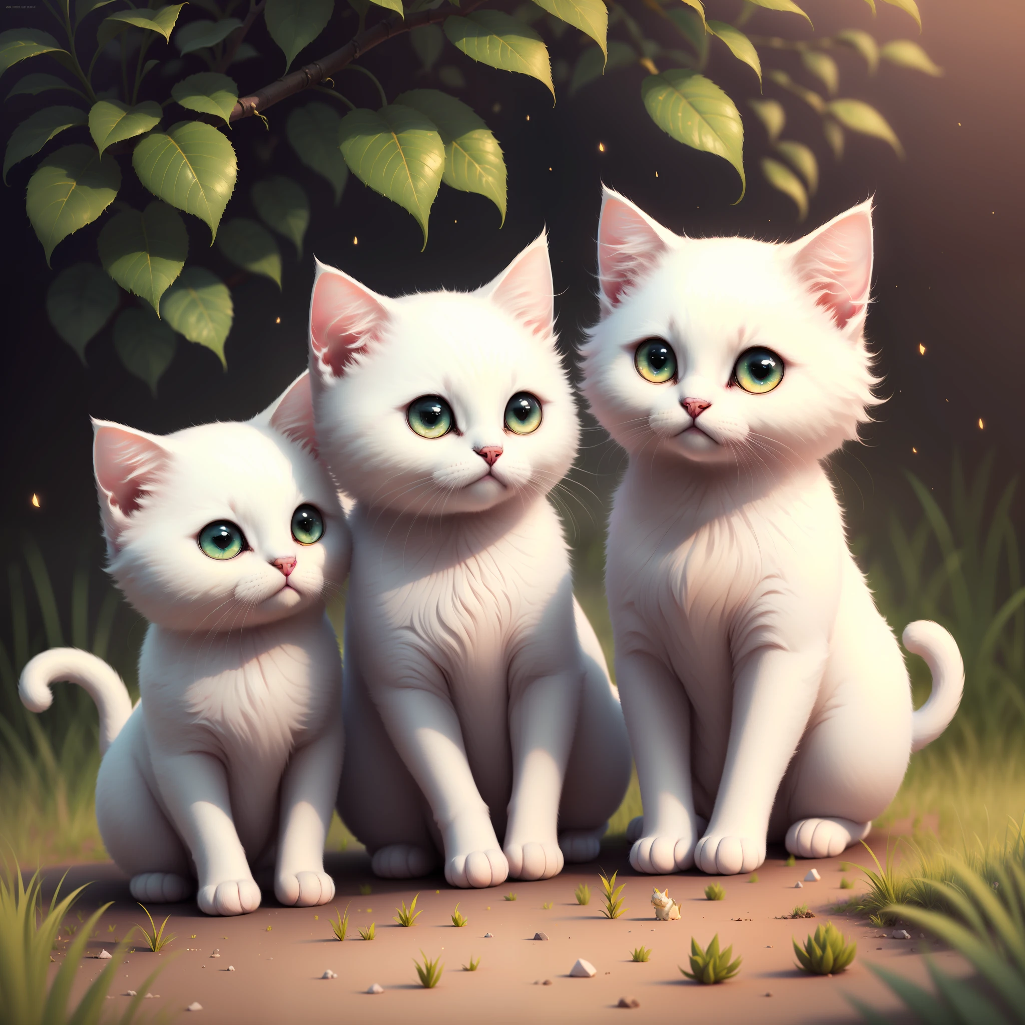 (Extremely detailed CG unity 8k wallpaper,巨作, Best quality, Ultra-detailed),(Best illumination, Best Shadow, An extremely delicate and beautiful),(3 adorable little white cats),Round eyes,Fluffy fur,tiny pink noses,playing in a sunlit garden,meditative atmosphere,Watercolor style.