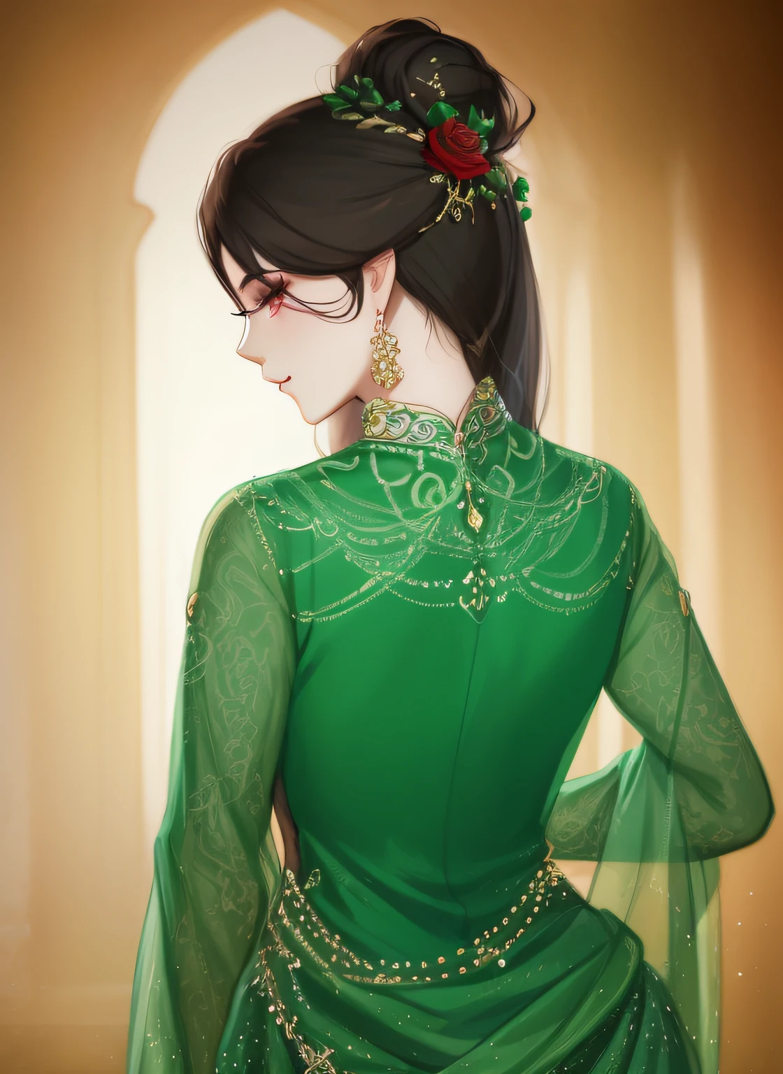 a painting of a woman in a green dress with a red rose in her hair, digital art of an elegant, elegant digital painting, in the art style of bowater, inspired by Ambreen Butt, beautiful character painting, exquisite digital illustration, by Ambreen Butt, ao dai, a beautiful artwork illustration, detailed fashion illustration, style in digital painting, beautiful digital painting