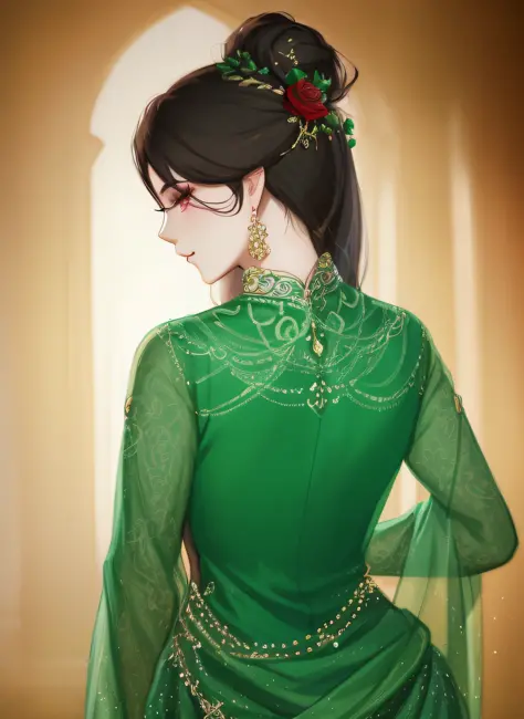 a painting of a woman in a green dress with a red rose in her hair, digital art of an elegant, elegant digital painting, in the ...