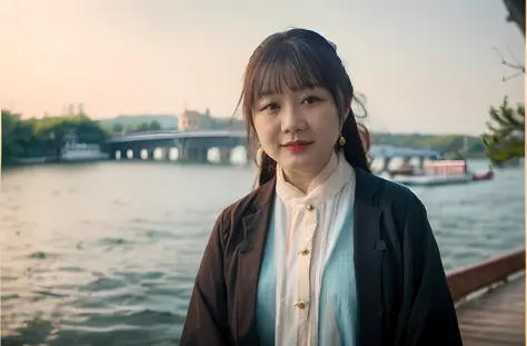 arad woman standing by the lake，in the background is a bridge, zhang pengzhen, xintong chen, wenfei ye, author li zhang, li zixi...