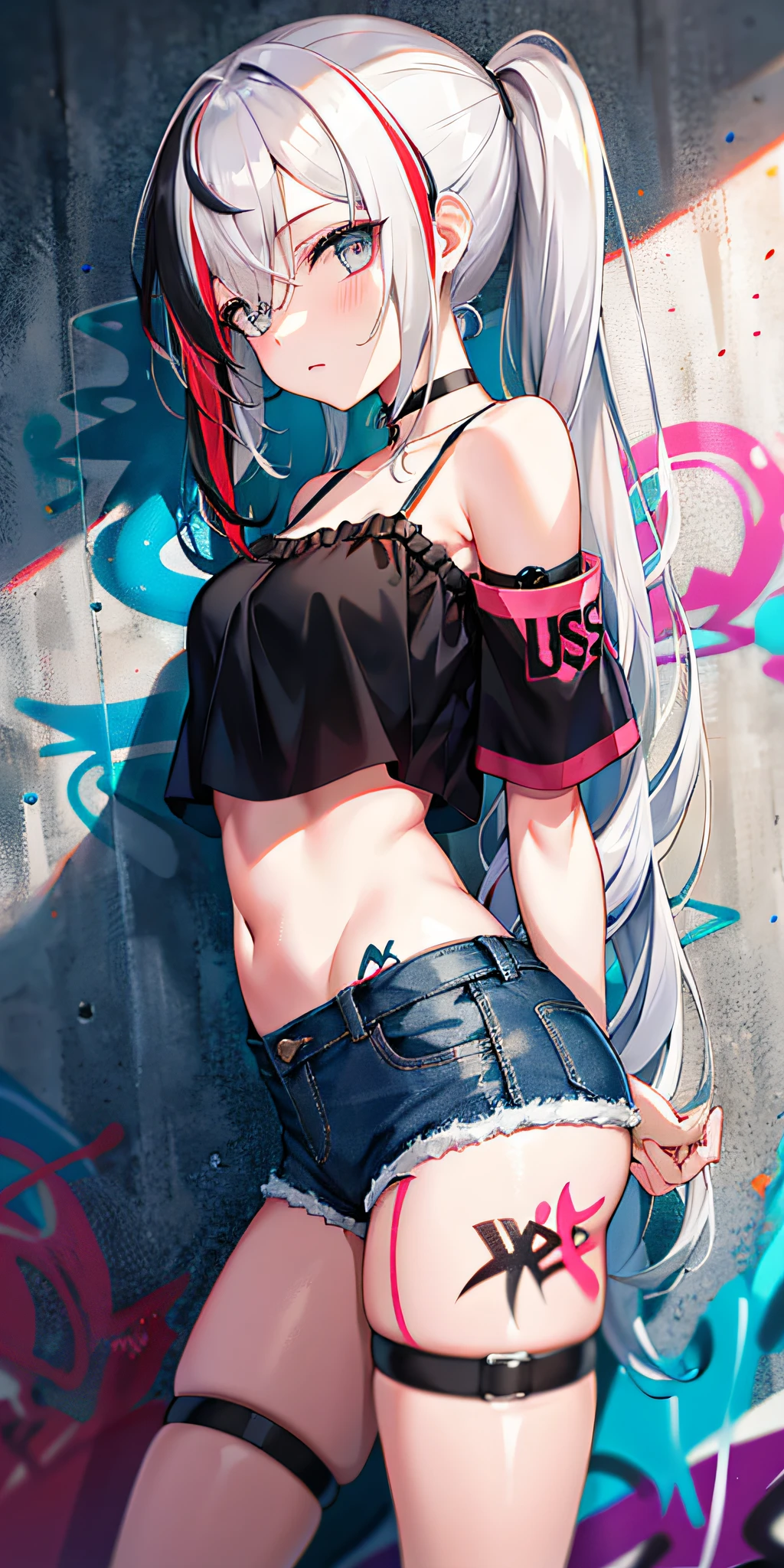 absurdres, best quality,1girl, solo, streaked hair, crop top, denim shorts, choker, (graffiti:1.4),  paint splatter, arms behind back, (slouching), (leaning back:0.5), against wall, (leaning to the side:0.5), looking at viewer, armband, thigh strap, streaked hair, paint on body, upturned eyes, head down, head tilt, (from side:1), bored