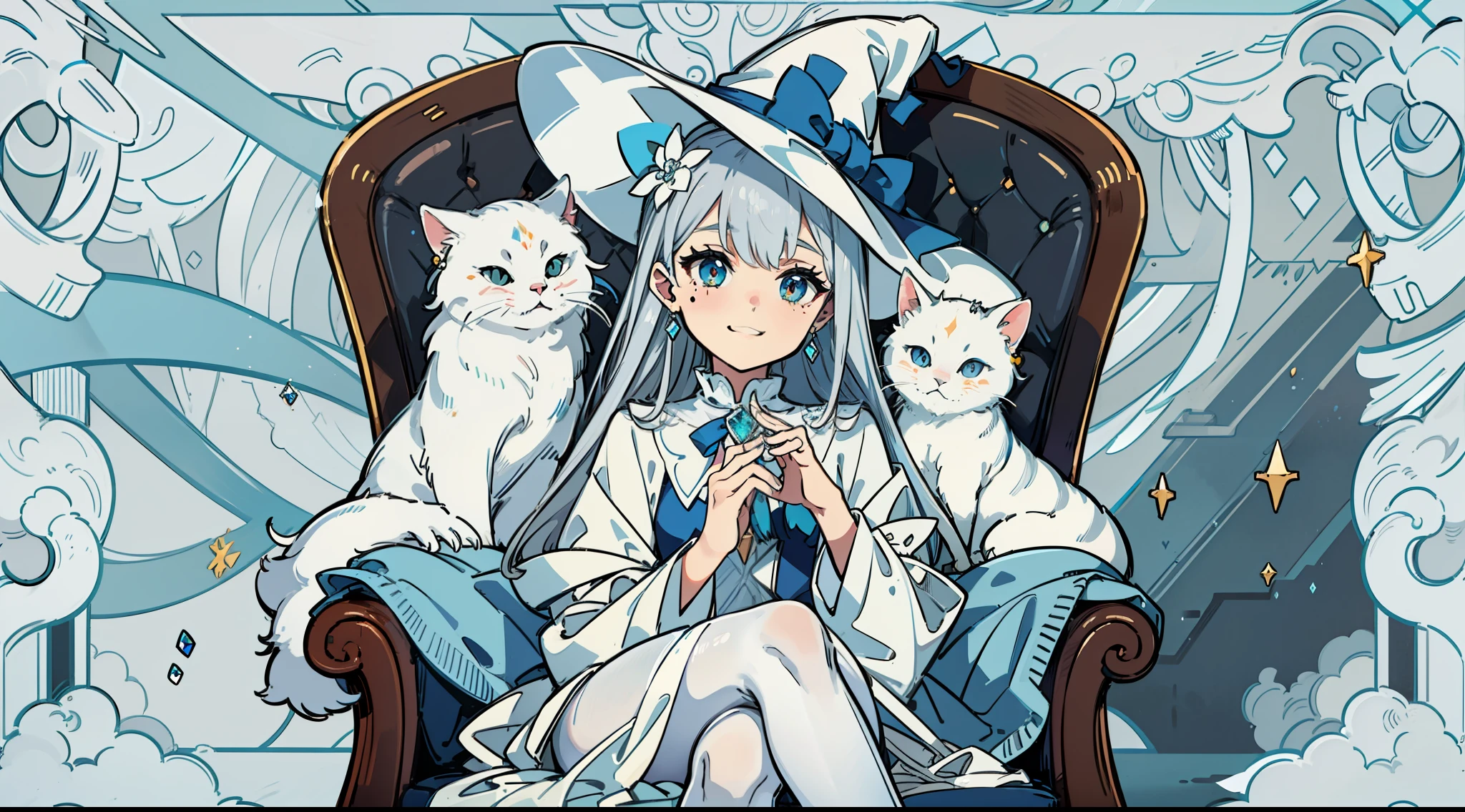 (sitting in a luxurious mahogany chair) (Silver hair) (ice-white eye pupil) (Small loli) (white cat's ear on the head) (ice flower in the eye pupil) (tear-mole) (long wand in both hands) (Witch hat) (blue-and-white witch hat) (blue-and-white long dress) (White pantyhose) (No shoes) (White gloves) Finger detail depiction (ice jewel earrings) (tear-mole) (Shy smile) (Blushing),White pantyhose