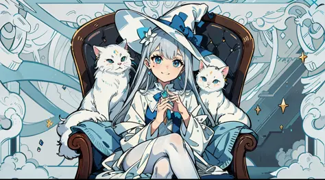 (sitting in a luxurious mahogany chair) (Silver hair) (ice-white eye pupil) (Small loli) (white cat's ear on the head) (ice flow...