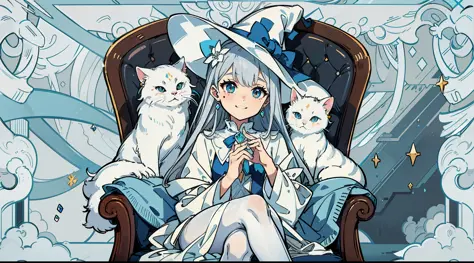 (sitting in a luxurious mahogany chair) (silver hair) (ice-white eye pupil) (small loli) (white cat's ear on the head) (ice flow...