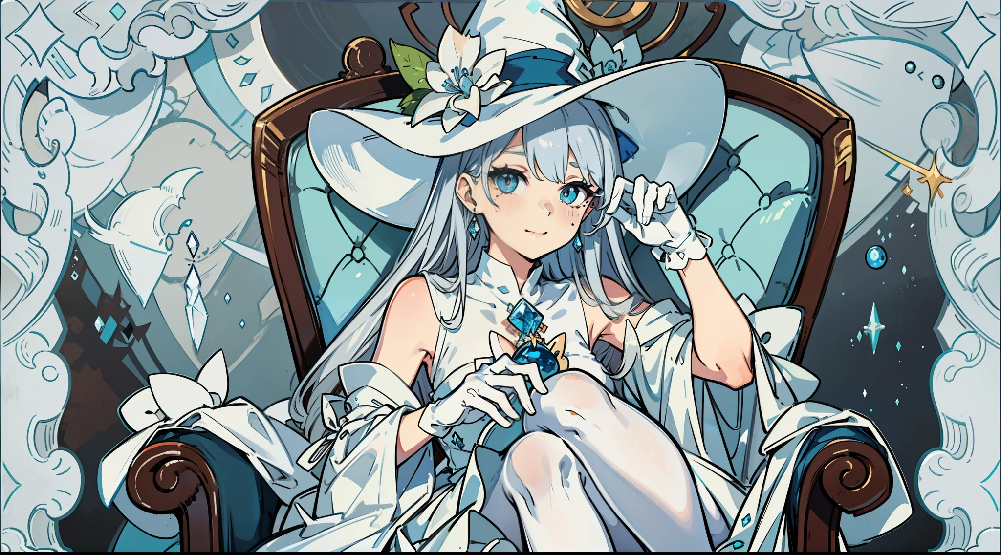 (sitting in a luxurious mahogany chair) (Silver hair) (ice-white eye pupil) (Small loli) (white cat's ear on the head) (ice flower in the eye pupil) (tear-mole) (long wand in both hands) (Witch hat) (blue-and-white witch hat) (blue-and-white long dress) (White pantyhose) (No shoes) (White gloves) Finger detail depiction (ice jewel earrings) (tear-mole) (Shy smile) (Blushing),White pantyhose