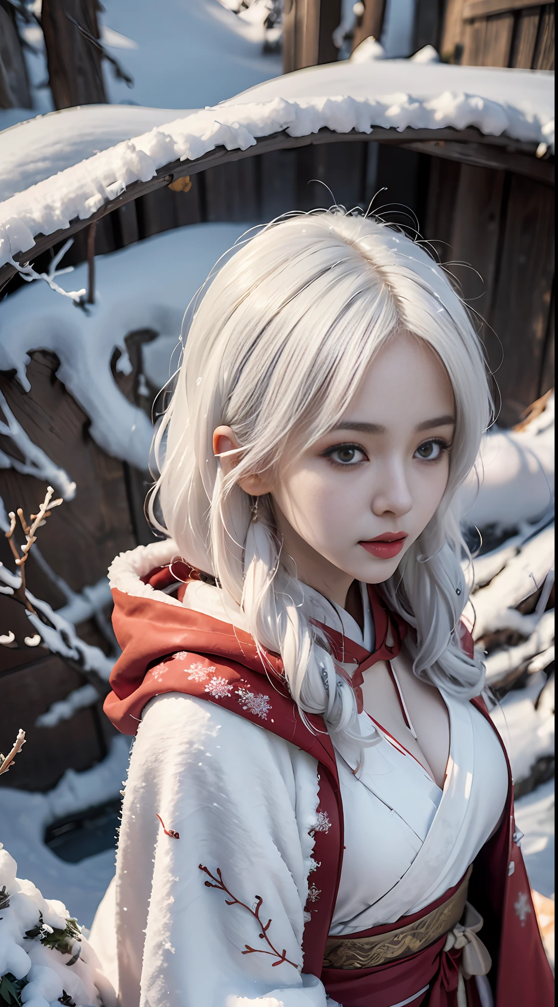 1 girl, (white hair:1.2), (portrait:1.3), (breasts, cleavage,, (white hanfu), (Winter hanfu:1.2), (red cloak:1.2), water, (snow:1.3), (masterpiece, best quality:1.5), from above, cinematic lighting, depth of field