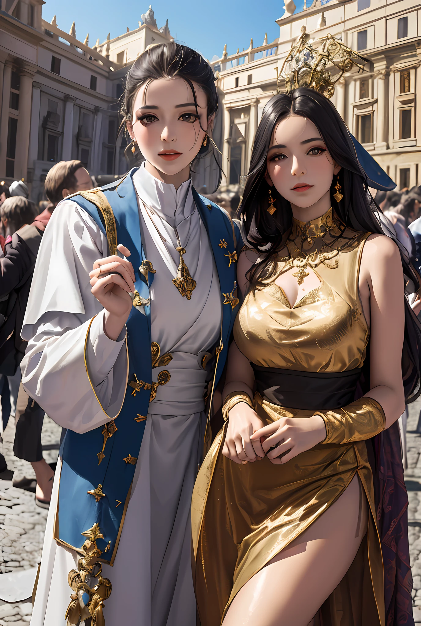 (巨作, Best quality, Realistic),
2girls,duo,(on the St. Peter's Square of Vatican,crowd of), sankta. Peter's Square of Vatican background,gypsy dress,(Princess Eyes,shiny pupils),Dancing,  Gold, banquet, crowd of, picking up skirt,
[Slight smile],