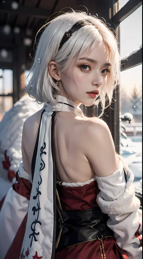 1 girl, (White hair:1.2), (Portrait:1.3), (Breasts, cleavage, (Red Hanfu), (Winter hanfu:1.2), Cloak, (Snow:1.3), (Masterpiece, ...
