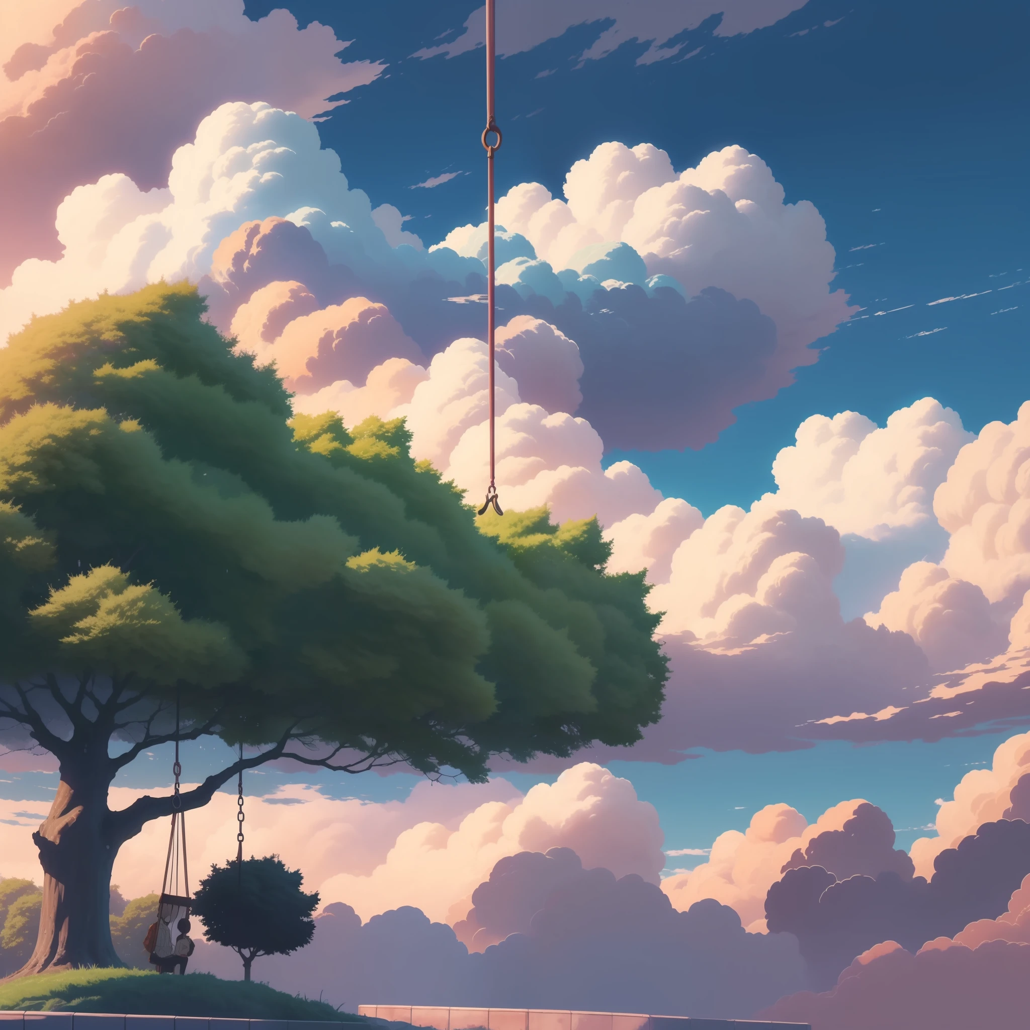 Wallpapers，scenecy，Best quality at best，with blue sky and white clouds，The tree，swing，Anime style，8K，Makoto Shinkai painting style，Anime landscapes，Anime background art