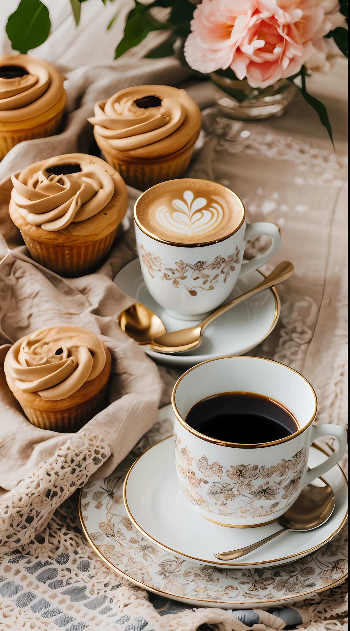素敵なグルメカップに入ったコーヒー,  おはよう, 花柄プリント, 昼間の照明, フラワーズ, シック, 砂糖, Coffee BeansPrint フラワーズ, デザート, レース, 結晶,  ゴールデンライン, プロ,  現実的, 最高品質, 傑作, 水玉テーブルクロス, フルカラー, ペストリー --auto --s2