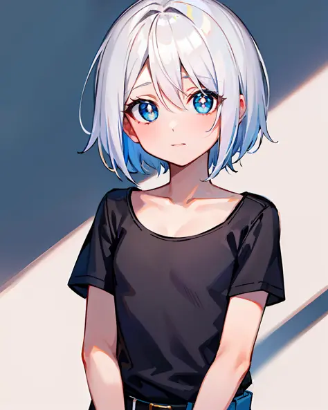 whaite hair，short detailed hair，Dull hair，teens girl，style of anime，White pupils，Diamond-shaped pupil，black t-shirts，The upper p...