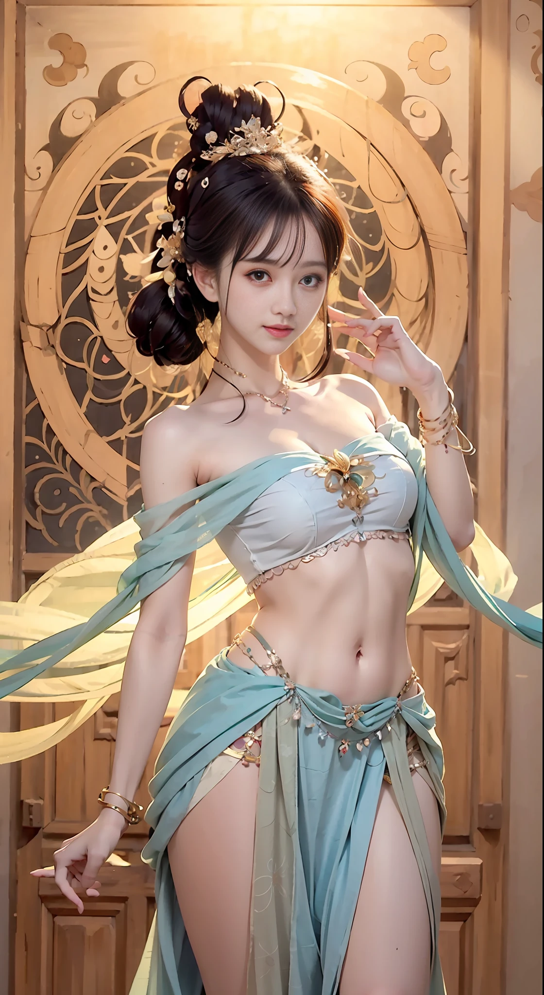 Full body photo，a  beautiful female，Delicate jade feet，messy  hair，teens girl，Symmetrical bun，hair adornments，jewelry，The face is delicate，eye shadows，Delicate cyan top，cropped shoulders，Crop topping，showing belly，Dunhuang style，Lots of streamers，Fine fine skin，Soft light effects，Delicate and smooth hair，exquisite detailing，Eye highlights，Fair skin，Fine portrayal，Ultimate detail，Cinematic quality，being thin，slenderness，Fragmentation，hair detail，Thin bangs，Shawl hair，Correct bodies，shadowing，Air bangs，8K，Super meticulous，Fine fabric texture，softness，complaisant，Smooth texture，Dunhuang style，Delicate pattern，Correct hand drawing，smile, tsurime, Surrealism, ray tracing, UHD, high details, super detail, highres, 8k, high quality, high details, textured skin, ccurate