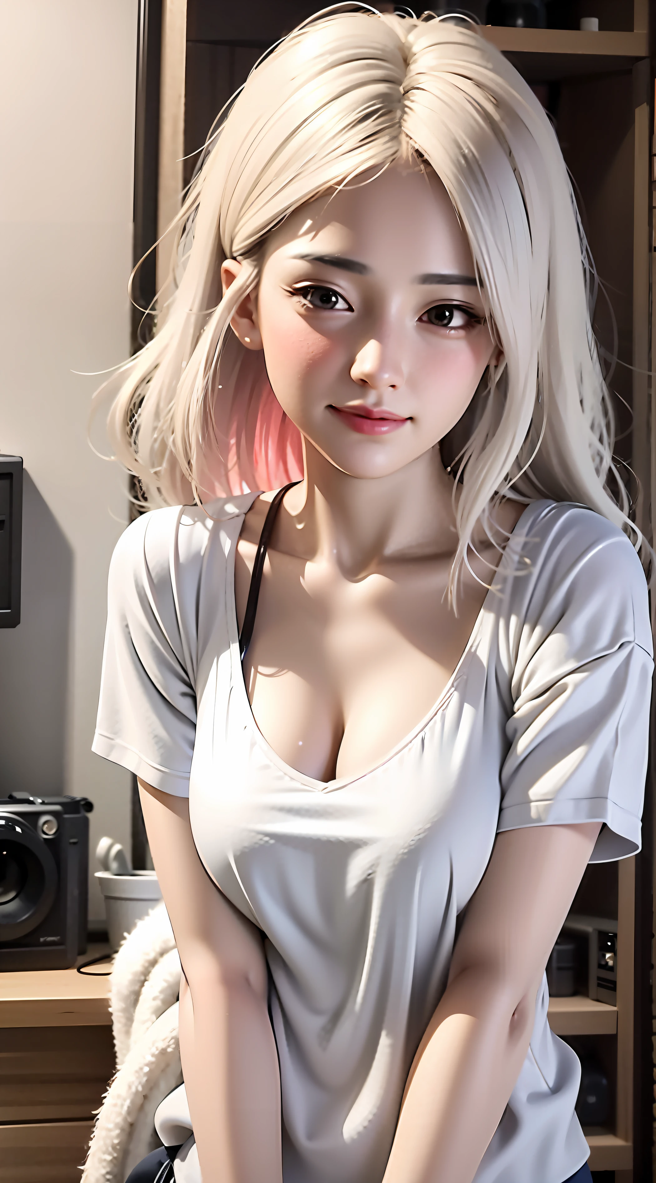 primer plano, de, un, hombre, con, pelo blanco, y, un, camisa blanca, chica perfecta de pelo blanco, Obra de arte estilo Guviz, IG model | germen de arte, chica seductora, como germen de arte, Niña china, Ross Tran 8K, hermosa seductora anime adolescente, germen artístico extremadamente detallado, Estilo anime realista 3D., anime fotorrealista、ojos rojos、foto de cuerpo completo、pantalones cortos、mostrar las piernas