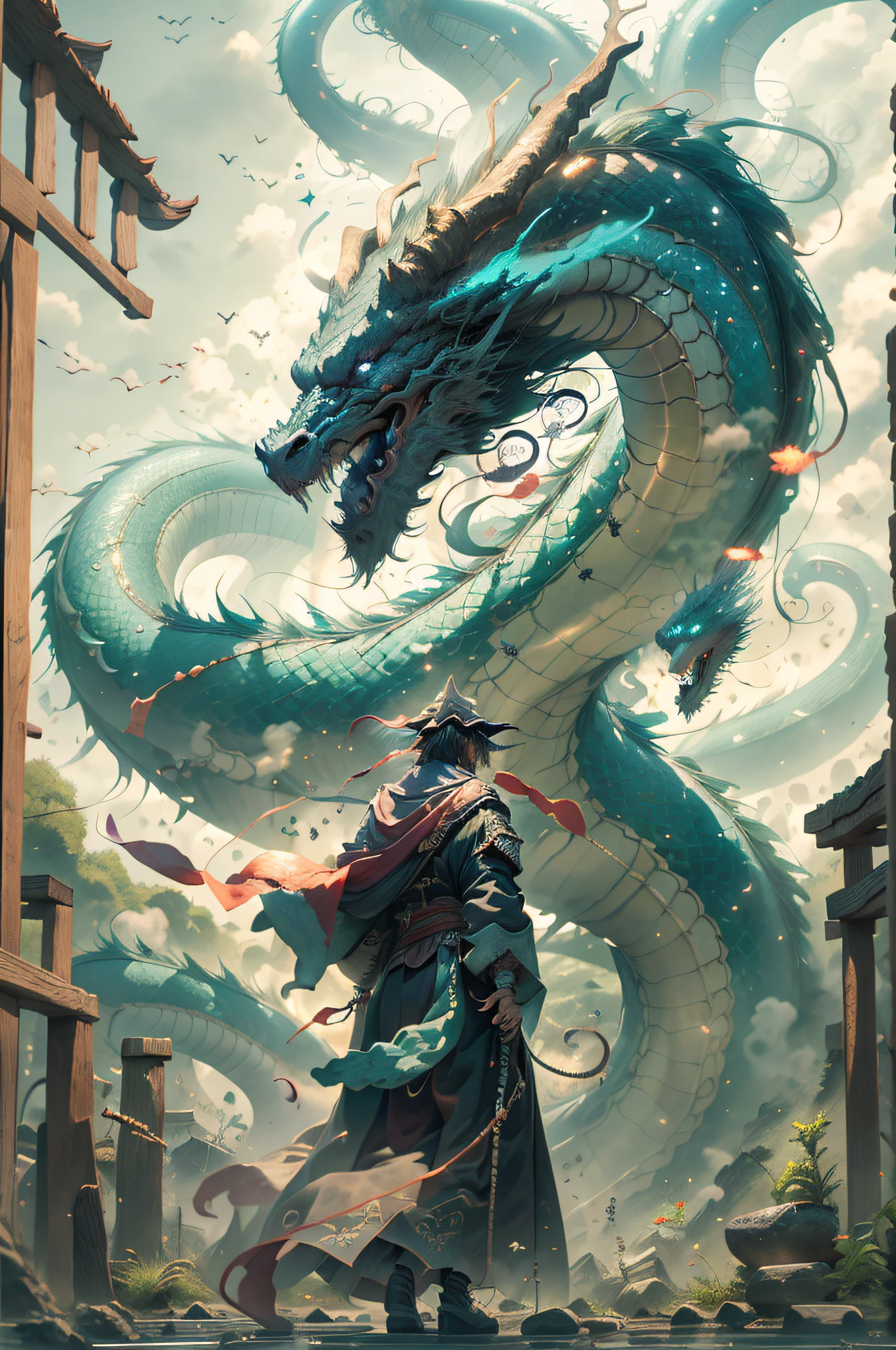 V0id3nergy，Cyan chinesedragon，Masterpiece，Best quality，High detail，Epic detail，hyper qualit，8K，unreal-engine，ultra - detailed，hight contrast，Hyper-detailing，best qualtiy，Ultra-high resolution，mostly cloudy sky，A man facing the green dragon，clad in robes，cabelos preto e longos，Chinese-style clothing，facing away viewer