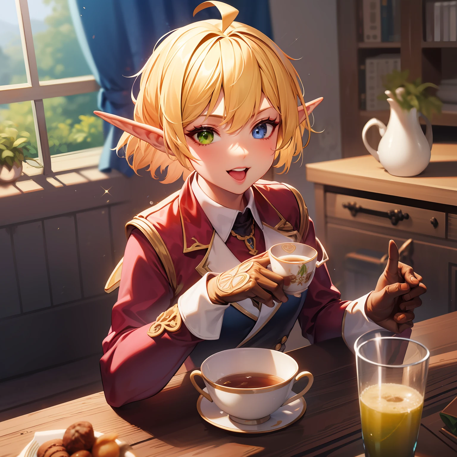 hight resolution, sharp foc, pixiv's masterpiece, ((intricate detailes)), ighly detailed, pointy ear, Heterochromia, 独奏, blonde  hair, Green eyes, Blue Eye, Ahoge, 1girl in, shorth hair, Red Shirt, vests, Long sleeve, Brown gloves, elvish, Dark skinned, White pants、Whole human body、E-cup、Aura of Overlord、Height 170cm、((Sip tea)),