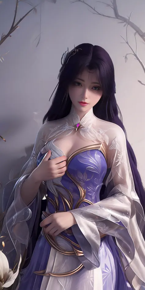 Best quality at best，highly  detailed，tmasterpiece，ultra - detailed，（fidelity：1.2），1个Giant Breast Girl，（white backgrounid），simple backgound，Elaborate Eyes，Silvery hair，a purple eye，hair_ornament，（white offshoulder shirt：1.3），Long hair，A coquettish expressi...