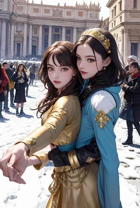 (巨作, Best quality, Realistic),
2girls,duo,winter,snowy,(on the St. Peter's Square of Vatican,crowd of), sankta. Peter's Square o...