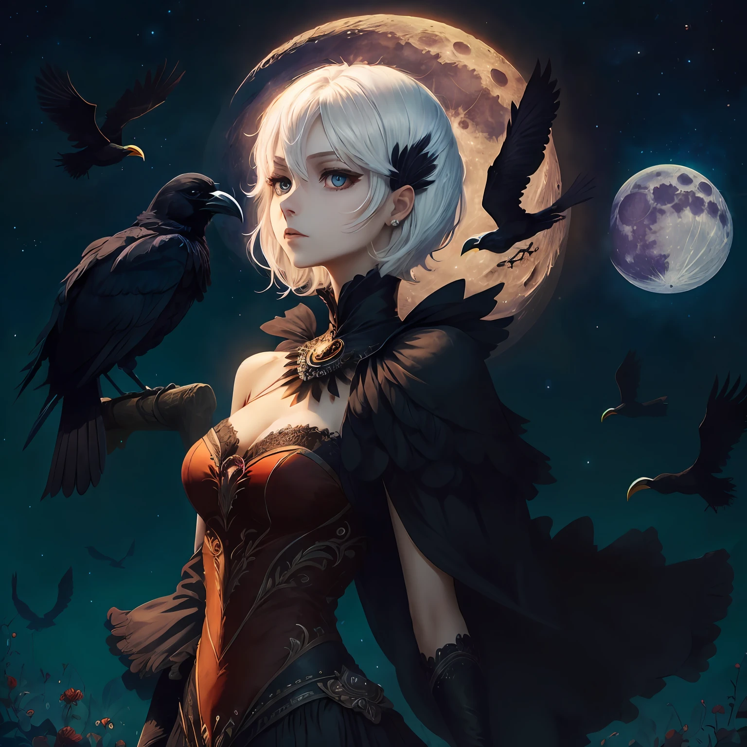 nigth，themoon，female pervert，Dress neutrally，short detailed hair，White color hair，red color eyes，On the shoulders stands a crow，pleasing，tmasterpiece --auto