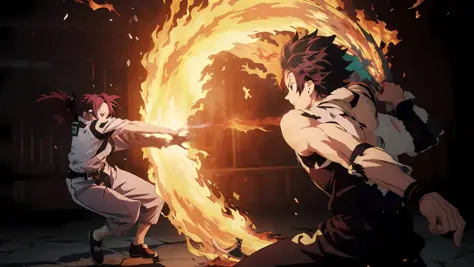 anime characters are fighting with fire in a dark room, kimetsu no yaiba, today's featured anime still, blazing infero, screensh...