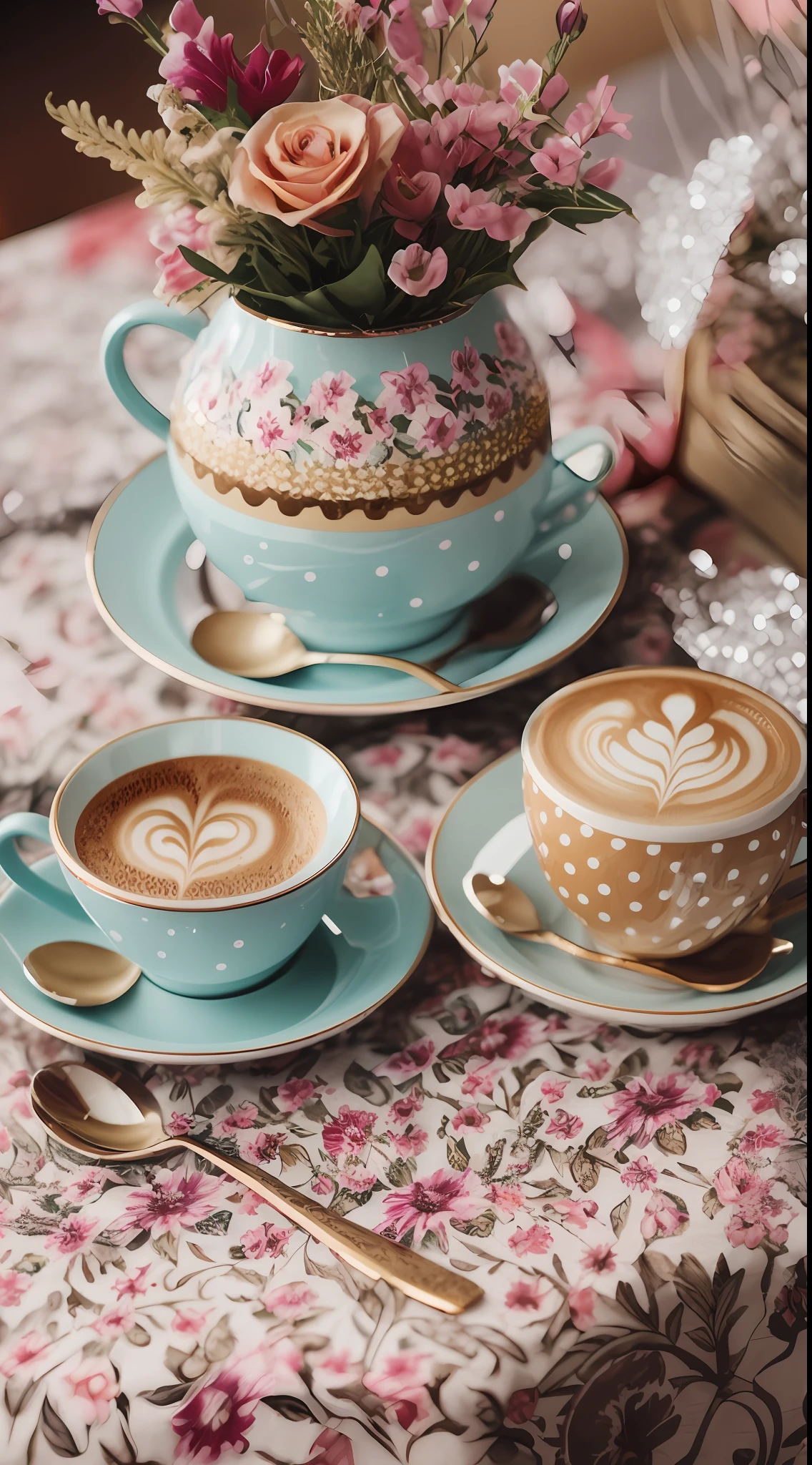 Coffee in a lovely gourmet cup,  Good morning, floral print, daytime lighting, Flowers, Chic, sugar, Coffee beans, Print Flowers, dessert, lace, crystals,  Golden Lines, Professional,  Realistic, Top Quality, tmasterpiece, polka dot tablecloth, Full color, a pastry --auto --s2