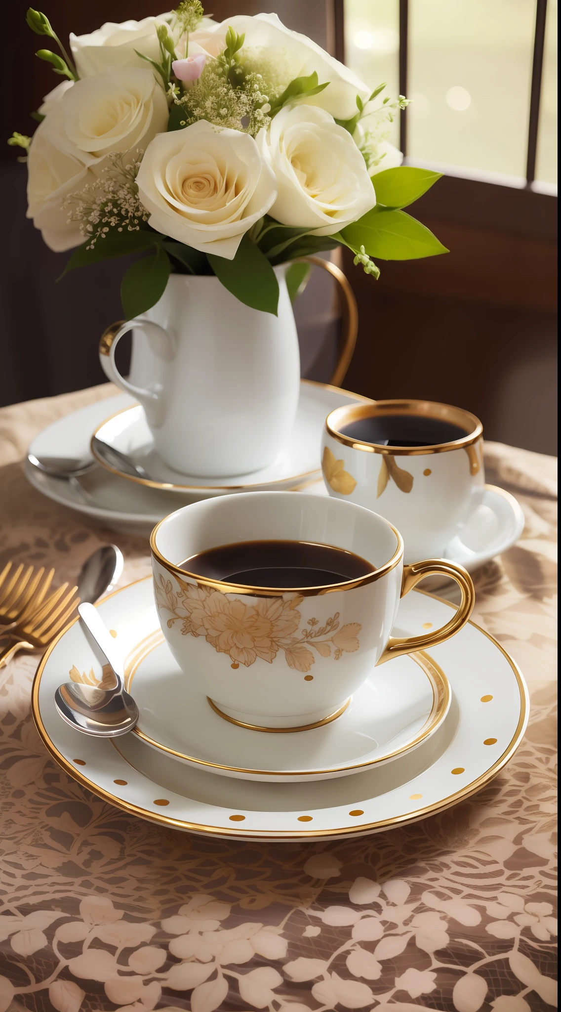精美咖啡杯中的咖啡,  早上好, 碎花, 日间照明, 花朵, 别致, 糖, 咖啡豆, Print 花朵, 甜点, 蕾丝, 水晶,  黄金线, 专业的,  实际的, 顶级品质, 杰作, 圆点桌布, 饱满的色彩, 糕点 --auto --s2