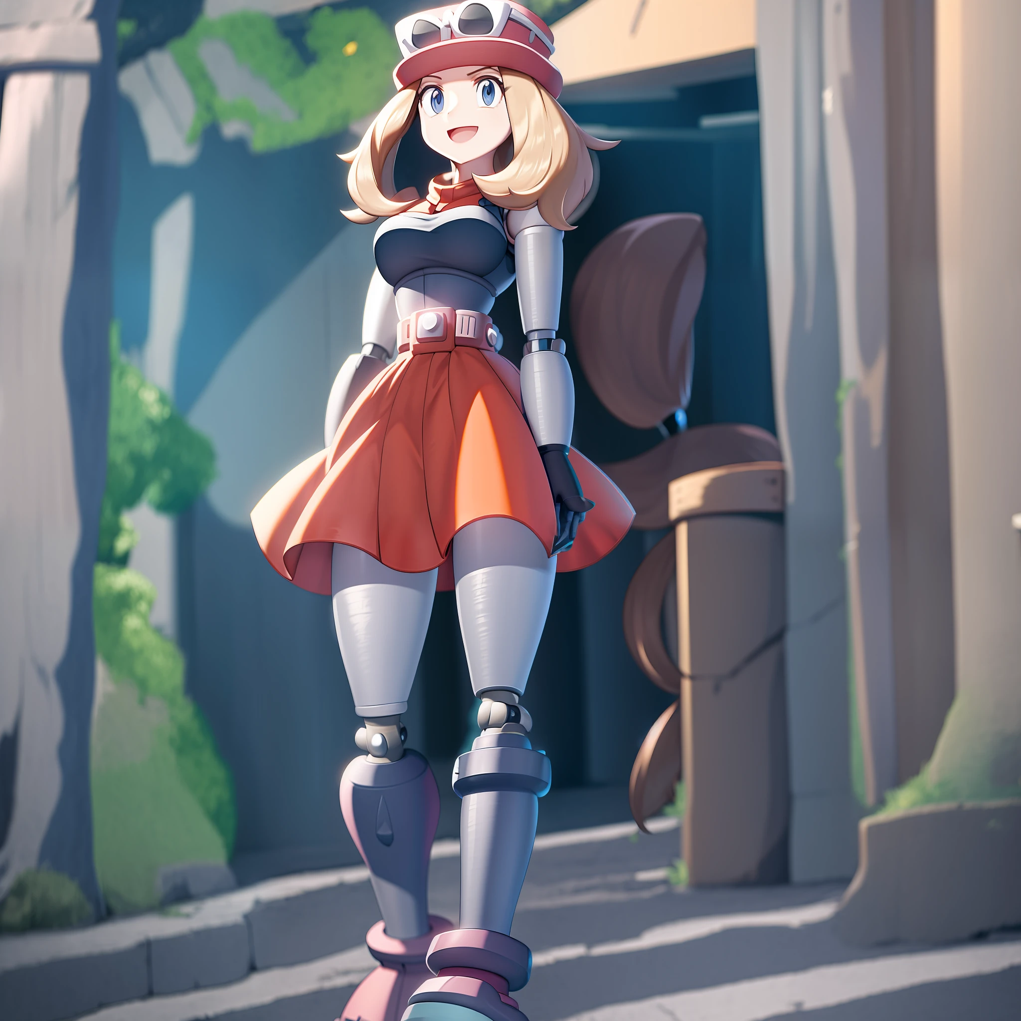lake, sunny, 1girl, character_pokemon_serena, solo, cowboy shot, standing, hands on hips, looking at viewer, grey eyes, smile, open mouth, hat, eyewear on headwear, sleeveless shirt, high-waist skirt, thighhighs, 1Girl, Heavily armored, cybernetic heavy armor, arm gloves, knee-height skirt, heavy cybernetic boots, heavy cybernetic arms, heavy cybernetic torso, waist belt, megamanX heavy armor, bulky megamanX armor, reploid armor, Pokemon_Serena Face, heavy dark-Brown Hair, Armored cone dress, Extremely Heavy body armor, large wide dress, Waitor Dress, Heavy Torso Armor, wearing headset, wearing scarf, wearing hair bandanna, pokemon-Ranger outfit, heavy ranger outfit, large belt, large leg belts, large arm belts, standing close to camera, full-body picture, walking through street, extreme close-up, walking down street