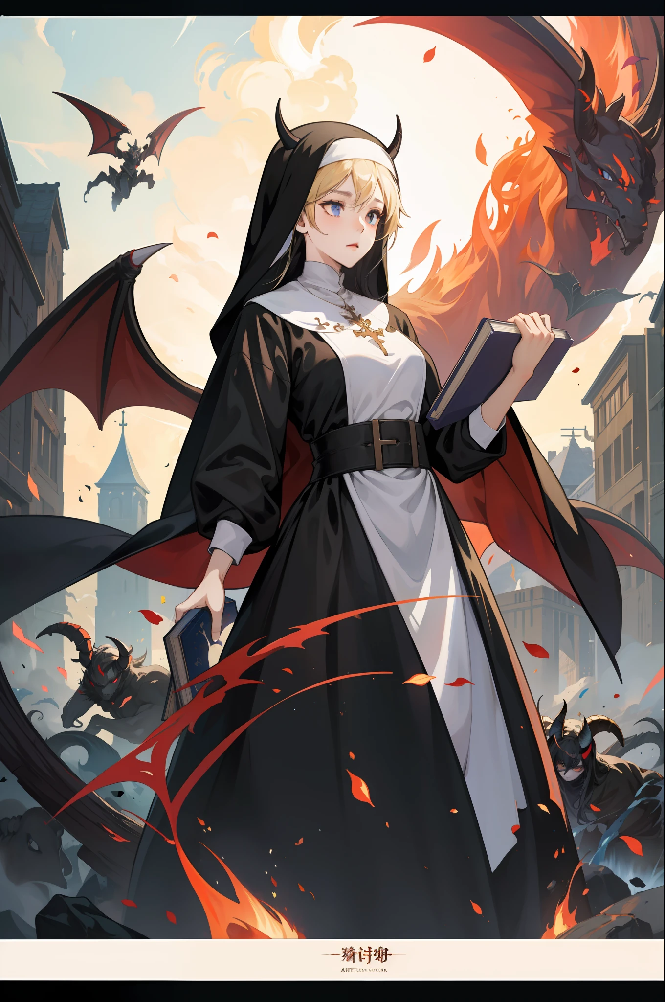 A woman in a nun outfit holding a book and a dragon - SeaArt AI