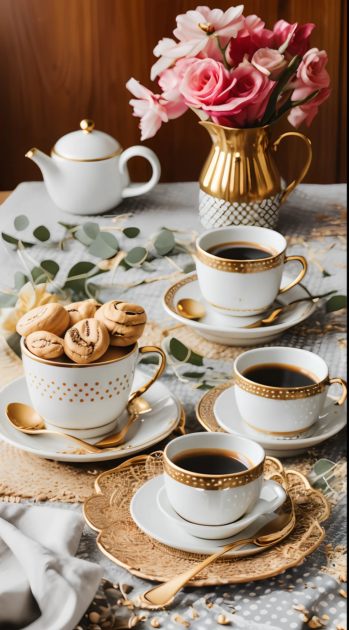 Coffee in a lovely gourmet cup,  Good morning, floral print, daytime lighting, Flowers, Chic, sugar, Coffee beans, Print Flowers, dessert, lace, crystals,  Golden Lines, Professional,  Realistic, Top Quality, tmasterpiece, polka dot tablecloth, Full color, a pastry --auto --s2