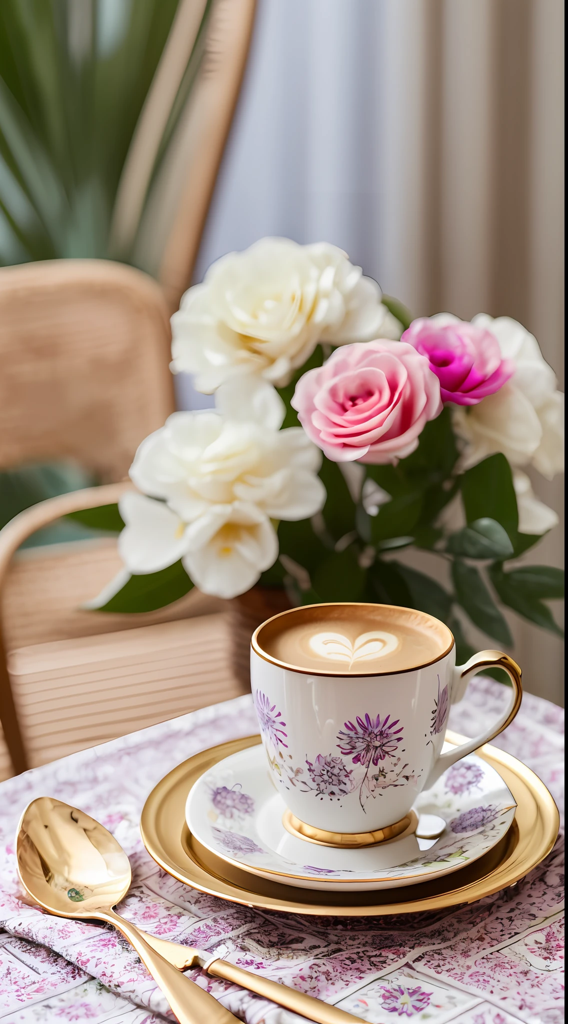 Kaffee in einer schönen Gourmettasse,  Guten Morgen, Blumenmuster, Tagesbeleuchtung, Blumen, Chic, Zucker, Kaffeebohnen, Print Blumen, dessert, Spitze, Kristalle,  Golden Lines, Fachmann,  Realistisch, Top Qualität, Meisterstück, Tischdecke mit Punkten, volle Farbe, Ein Gebäck --auto --s2