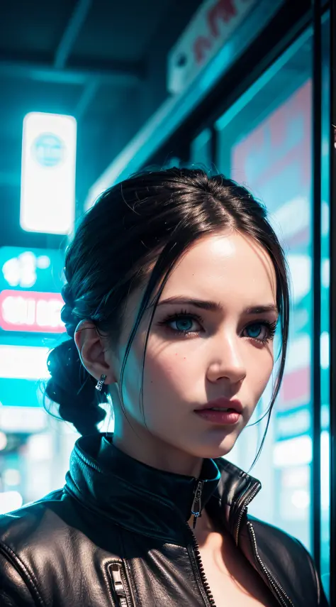 Beautiful cyberpunk woman, 19 years old, (Best quality, ultra realistic, masterpiece), Black hair tied with braid, Beautiful eye...