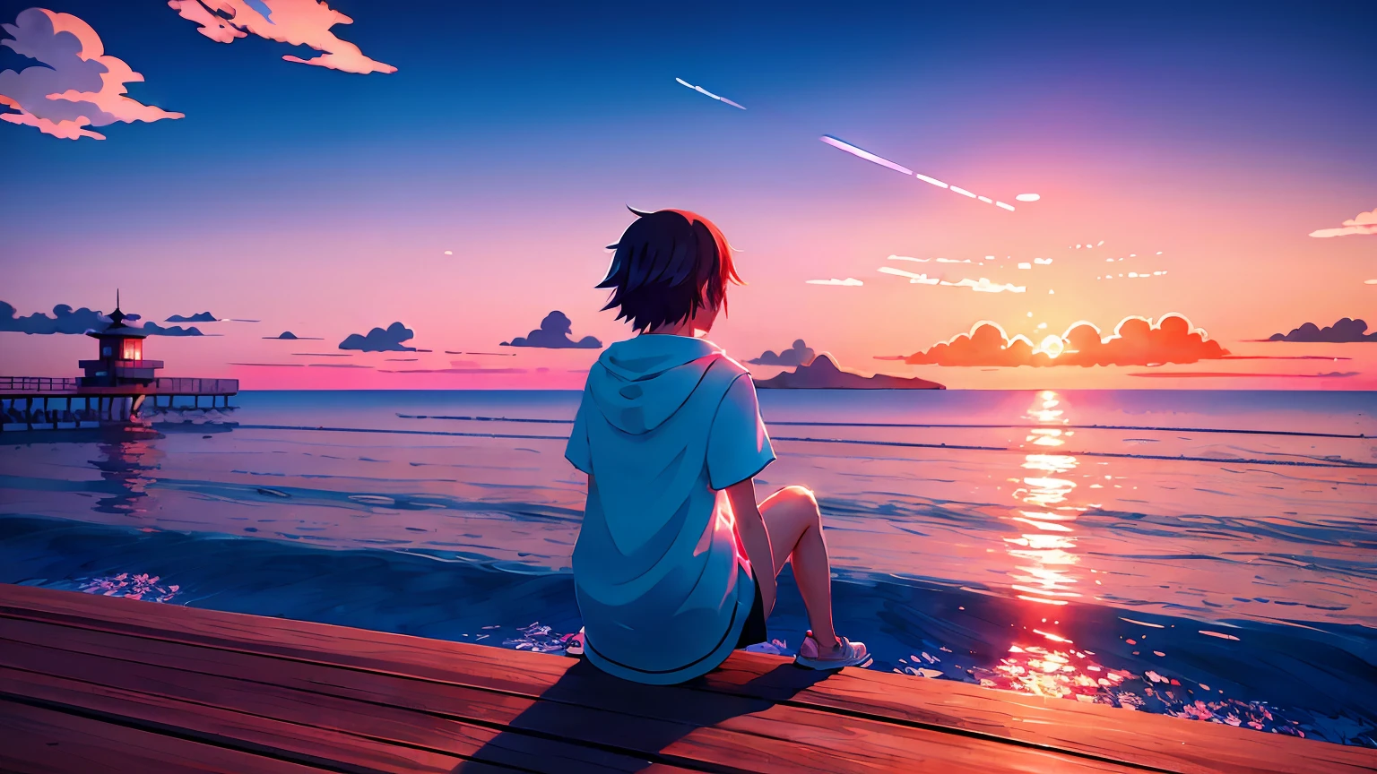 There was a man standing on the bridge with his back to the camera, With sunset, with a sunset, at a beautiful sunset, watching the sunset, sunsettime, In the sunset, watching the sunset, watching the sunset. Anime, ((Sunset)), it is sunset, at the sunset, late sunset, late sunset, chill time. Good view