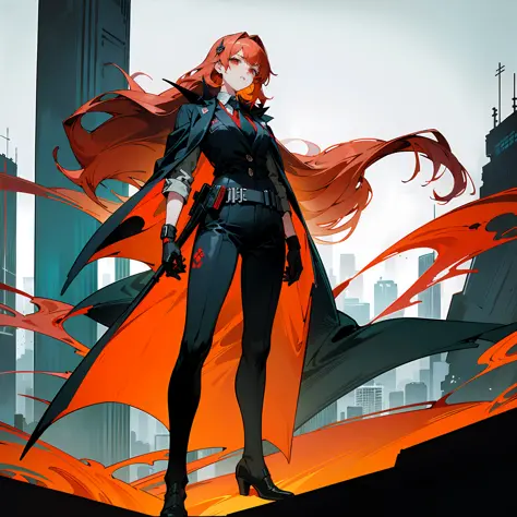 anime character with red hair and cape standing in front of a city, digital cyberpunk anime art, anime cyberpunk art, cyberpunk ...