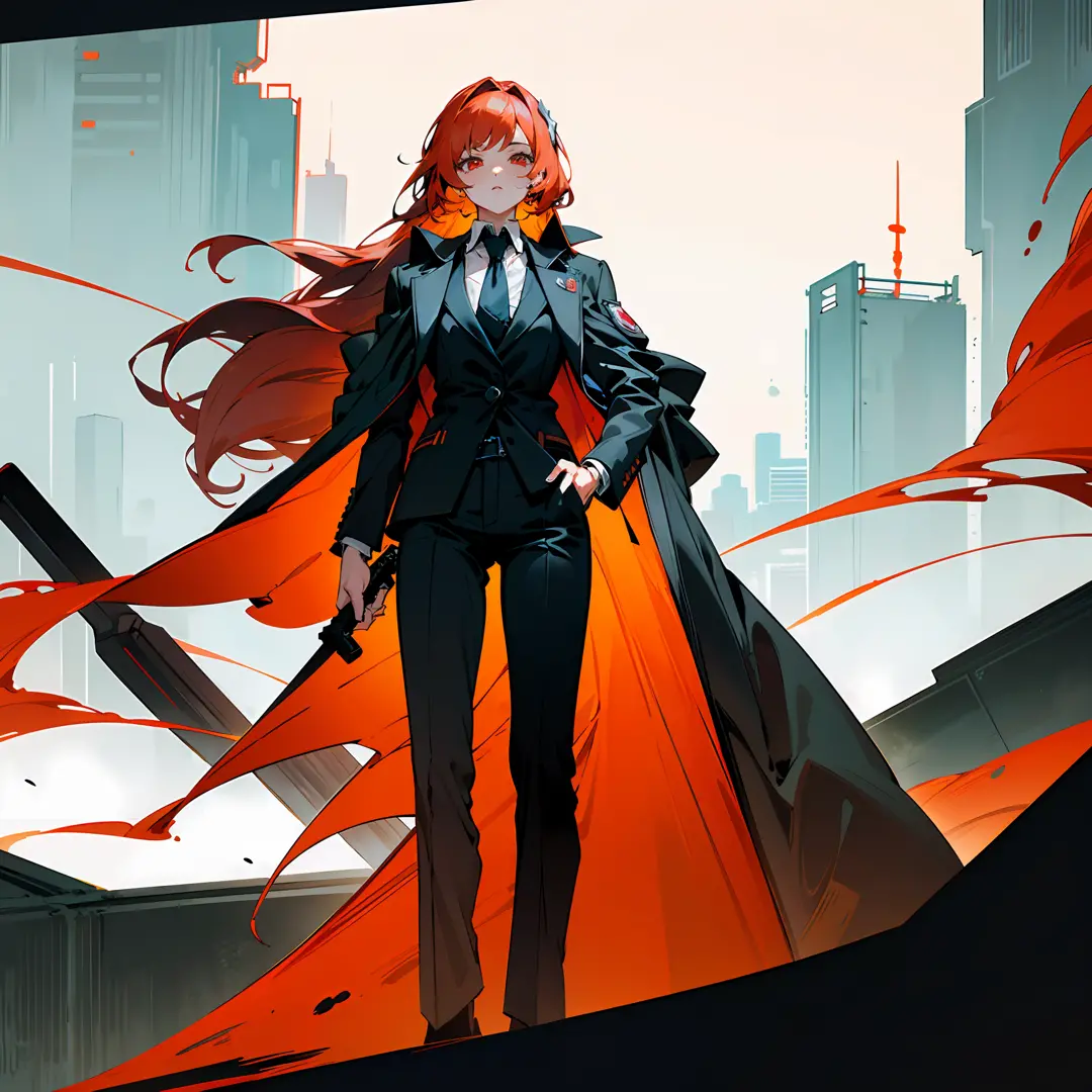 anime character with red hair and cape standing in front of a city, digital cyberpunk anime art, anime cyberpunk art, cyberpunk ...