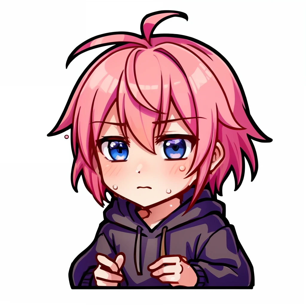 A boy with, (natsuki:1.2), Pink hair,"/imagine prompt:Emoji table
Anime boy with pink hair wearing hoodie,Blue eyes，Cute boy with short pink hair, Anime boy, Anime moe art style, official fan work, advanced digital chibi art, zero zen art,  High quality anime art style, Pisif, anime chibi, anime style character, Chibi Art, Game art!, Facial expression: perspire，Sweat and sweat，Sweating all over。Many expressions such as speechlessness are completely physical shots,anthropomorphic styles,Vector illustration,White background --ar 16:9 --q .5 --niji 5