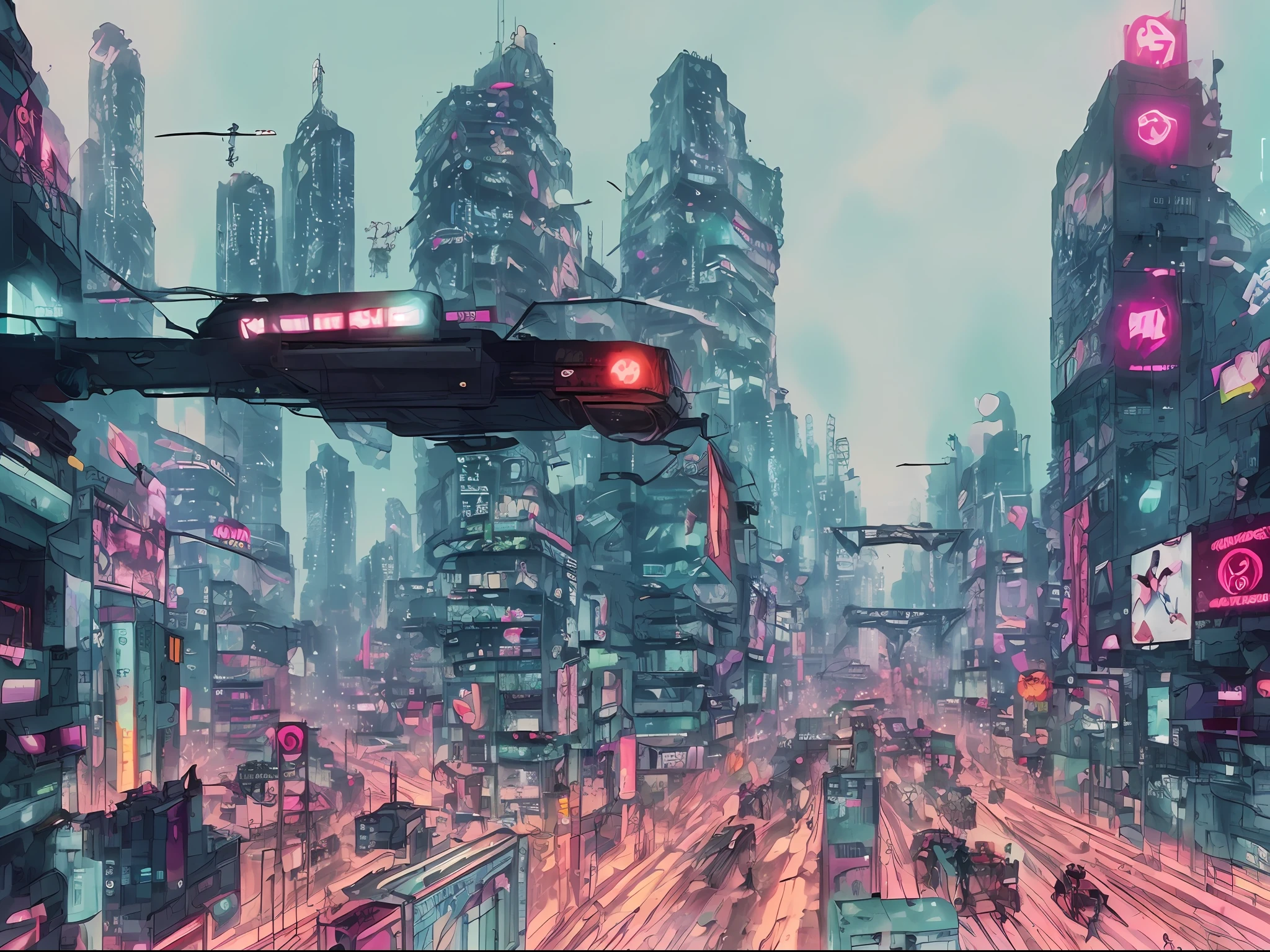 (Obra maestra), (La mejor calidad), (Ultra detallado), (illustration), (tarot), (cyberpunk), (Planta), (Beautiful) - V6 Image of an anime-style city of Alita Combat Angel being invaded by a giant red robot while its citizens look on intently