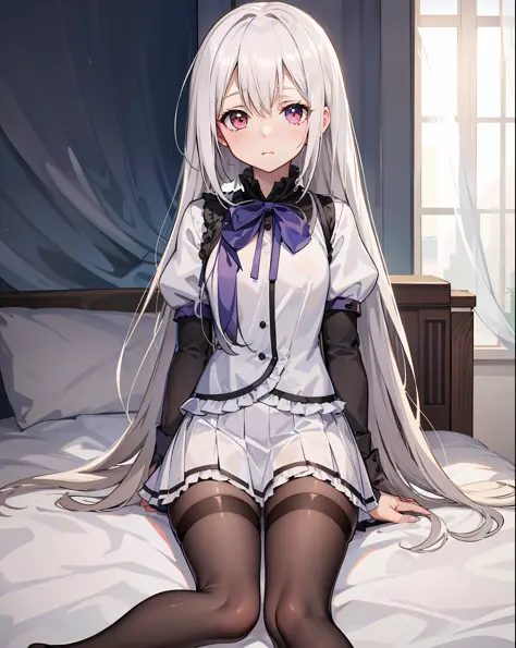 on the bed, loli kneeling short skirt, maid pretending to be white hair and white silk loli seduction action