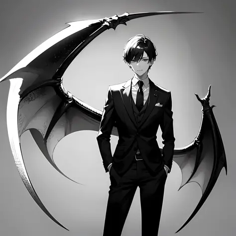 1boy,Dragon wings,Suits,30's man,Monochrome images,grey background