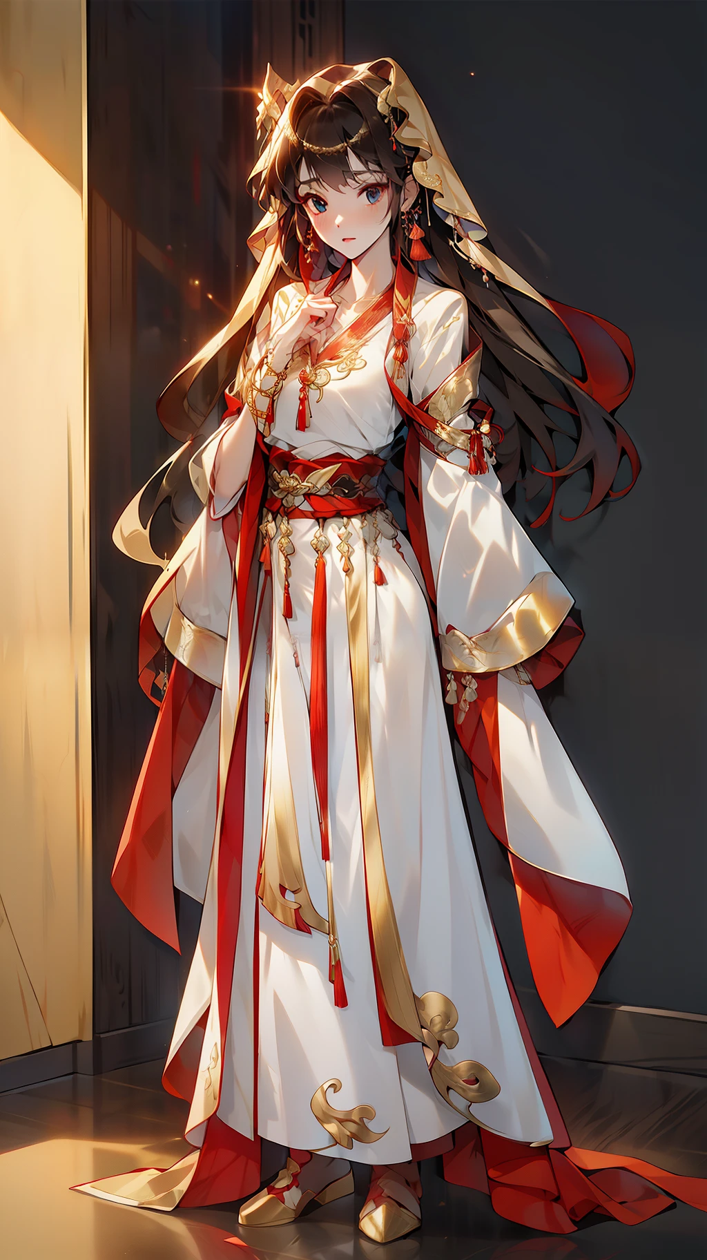 （NOhumans：1.5），（clothing design）， tmasterpiece， Ultimate，（a color），Ancient Chinese clothes，Western Regions clothing，gossamer，gold chains，red color Hanfu，Phnom Penh embroidery，gameicon，