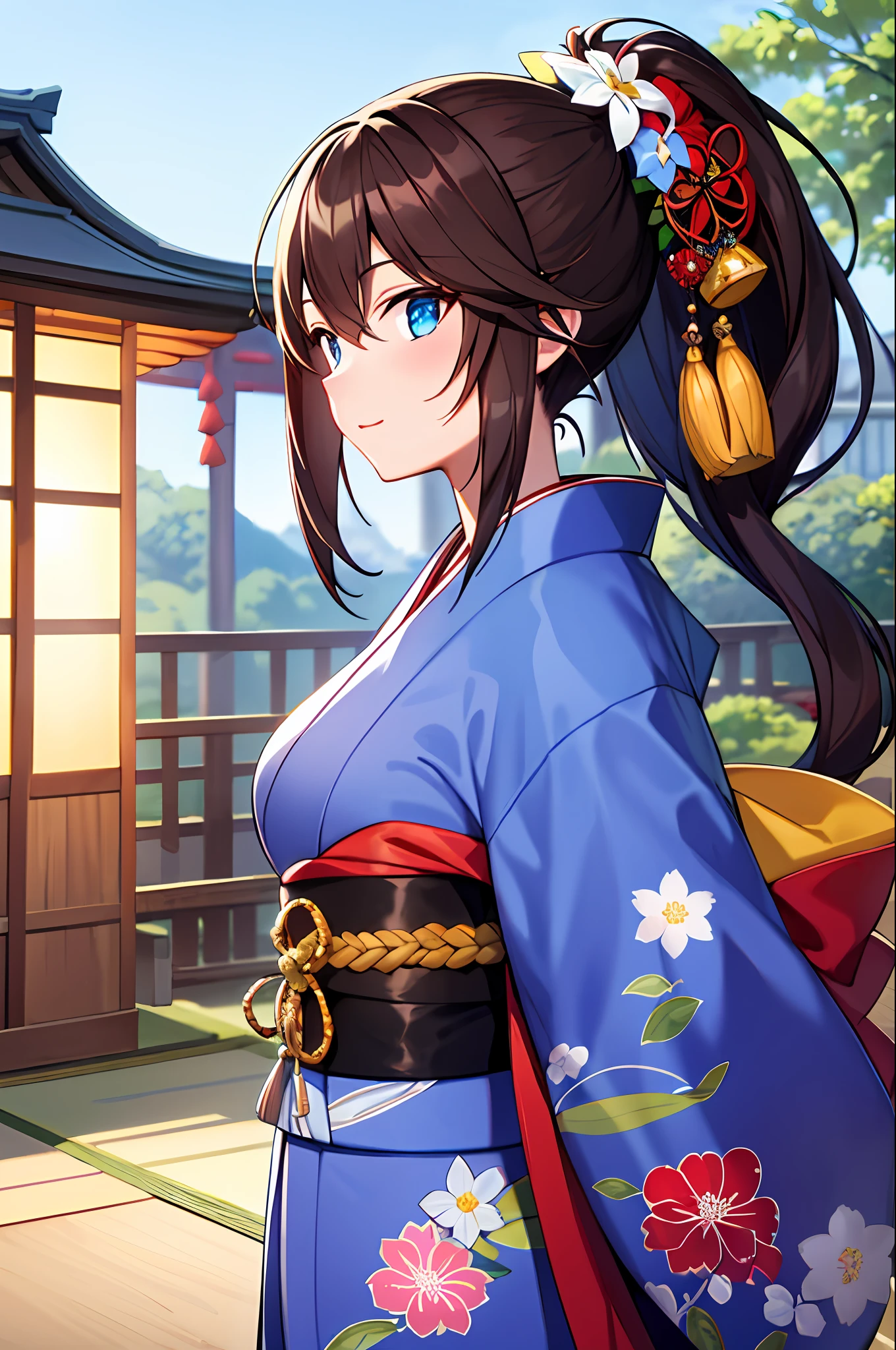 masterpiece, best quality, ultra-detailed, illustration, warm lighting, bright colors, 1girl,solo, long hair, very long hair, chifuyu,

brown hair, blue eyes, pony tail, hair ornament, hair_flower, 

japanese clothes, japan, japanese clothes,