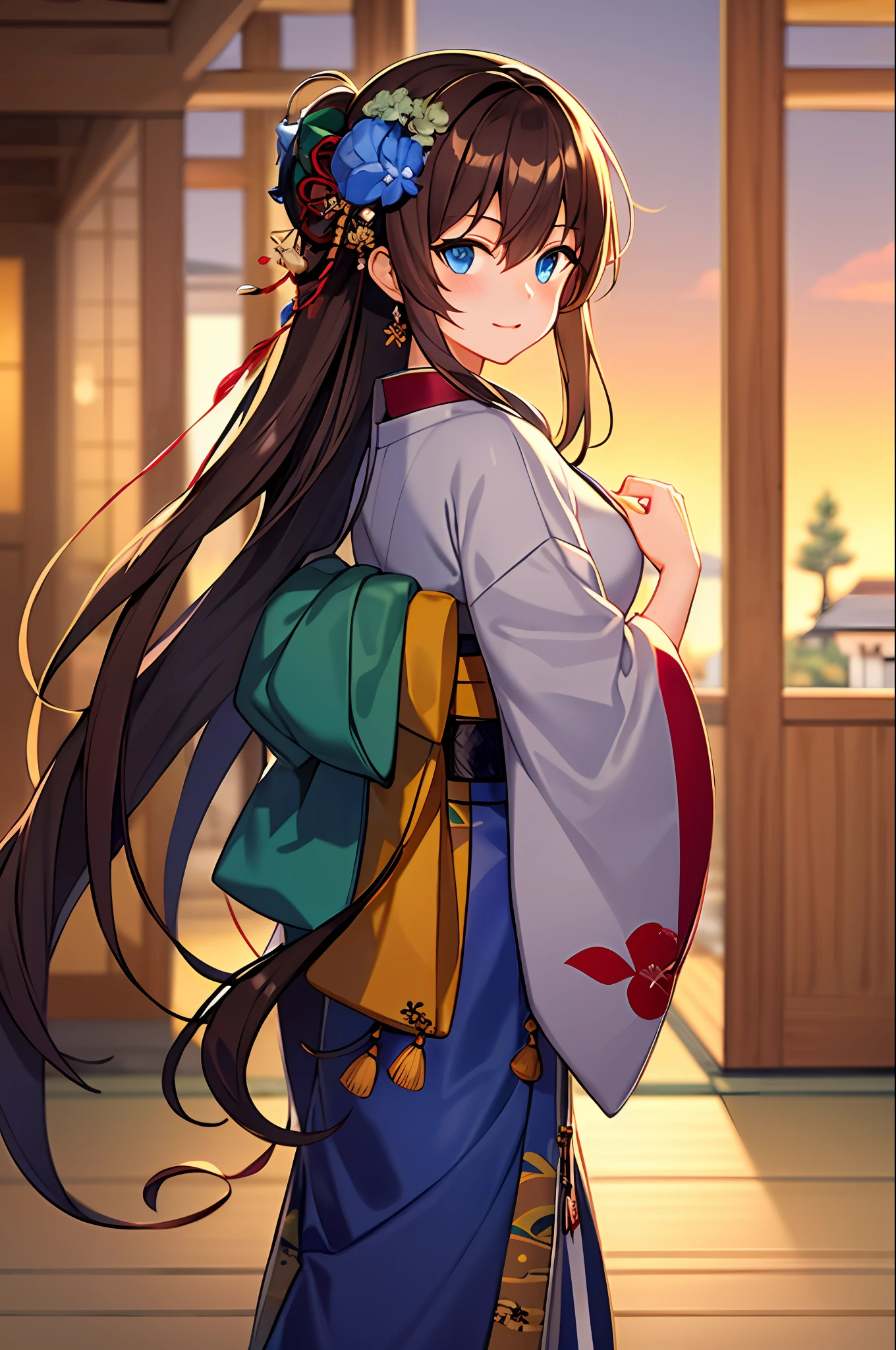 masterpiece, best quality, ultra-detailed, illustration, warm lighting, bright colors, 1girl,solo, long hair, very long hair, chifuyu,

brown hair, blue eyes, pony tail, hair ornament, hair_flower, 

japanese clothes, japan, japanese clothes,