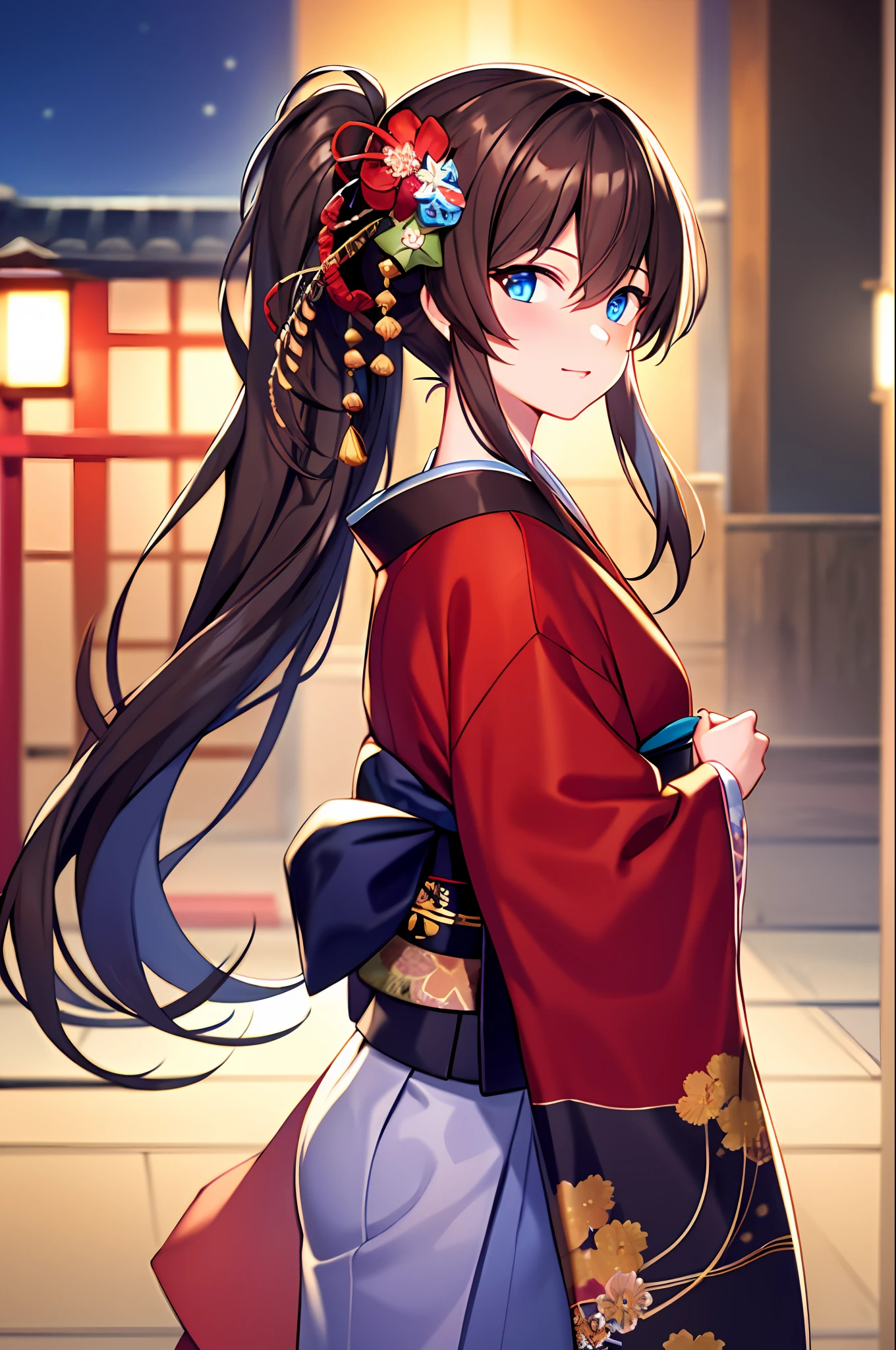 masterpiece, best quality, ultra-detailed, illustration, warm lighting, bright colors, 1girl,solo, long hair, very long hair, chifuyu,

brown hair, blue eyes, pony tail, hair ornament, hair_flower, 

japanese clothes, japan, japanese clothes,