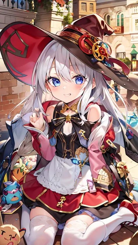 anime girl in a red hat and dress sitting on a table, splash art anime loli, loli, alchemist girl, small curvaceous loli, detail...